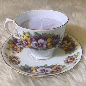 Vintage Tuscan Fine English Bone China Pansies Teacup Candle Set